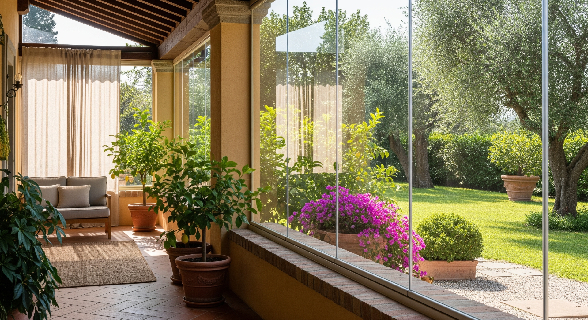 Veranda su giardino — vetrate scorrevoli a tutta altezza